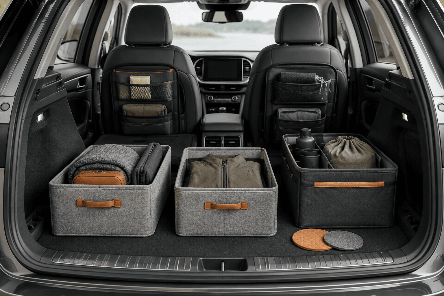 A clean, organized car boot and cabin with grey fabric storage